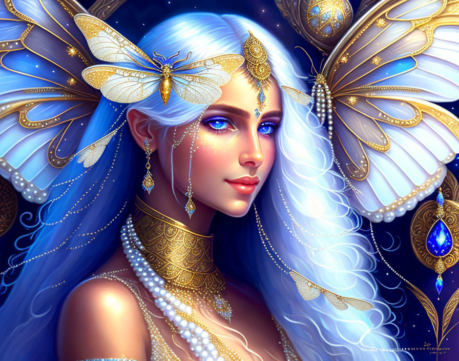 Fantasy woman portrait with blue skin, golden jewelry, butterfly wings, sapphire details.