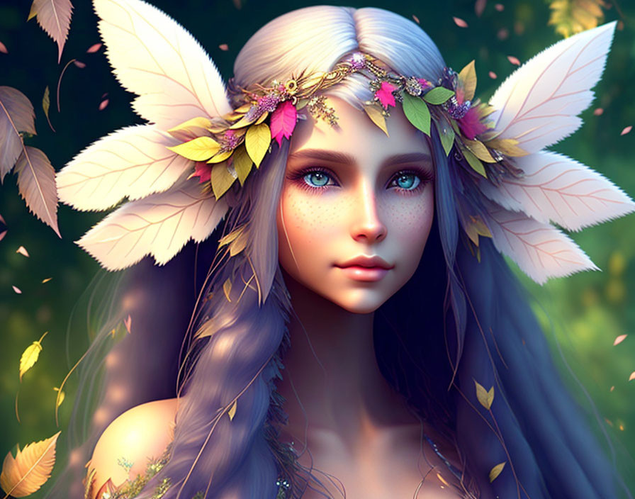 Mythical female character with elf-like ears in magical forest illustration