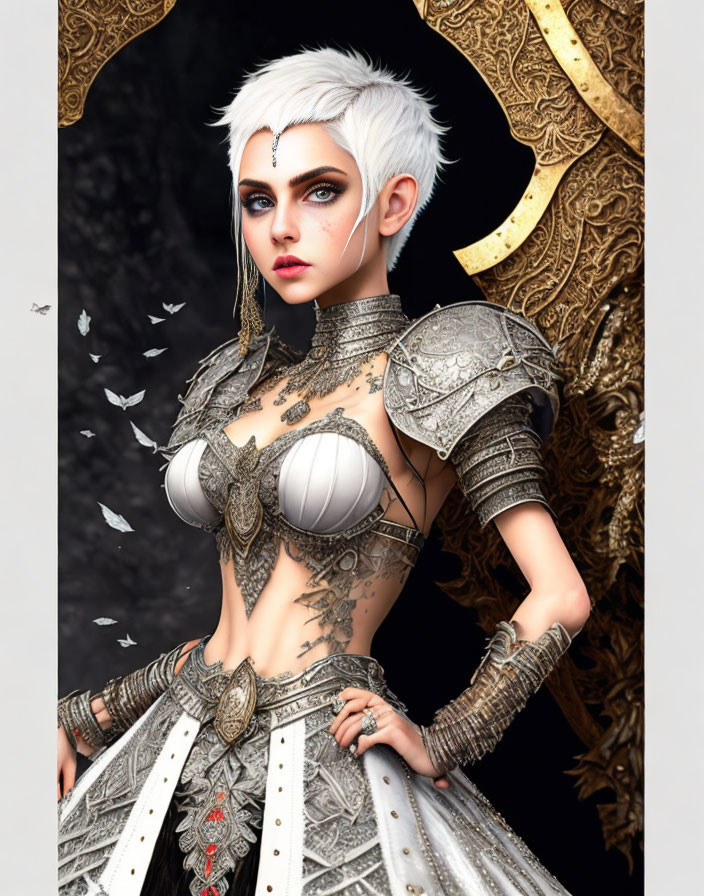 Fantasy female warrior with short white hair in ornate silver armor