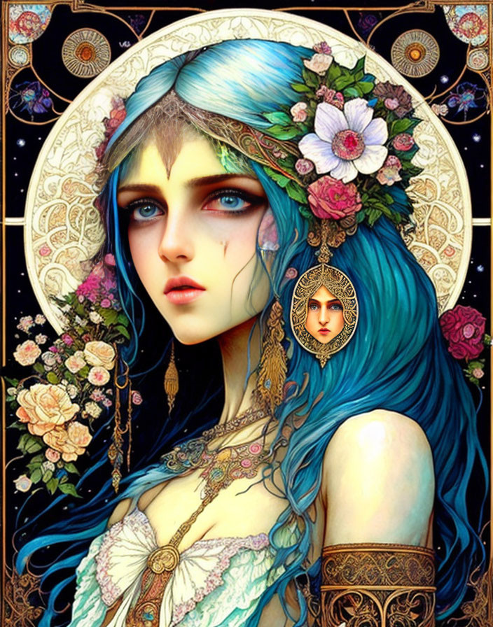 Female with Blue Hair Wearing Floral Crown and Jewelry on Mandala Background