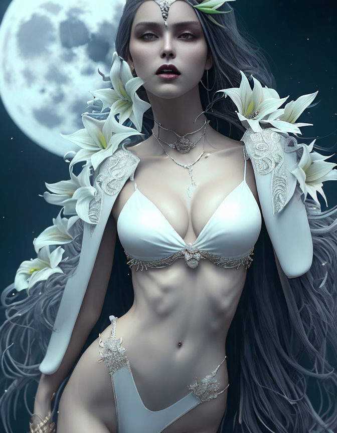 Fantasy Female Character with Gray Hair in White and Gold Outfit