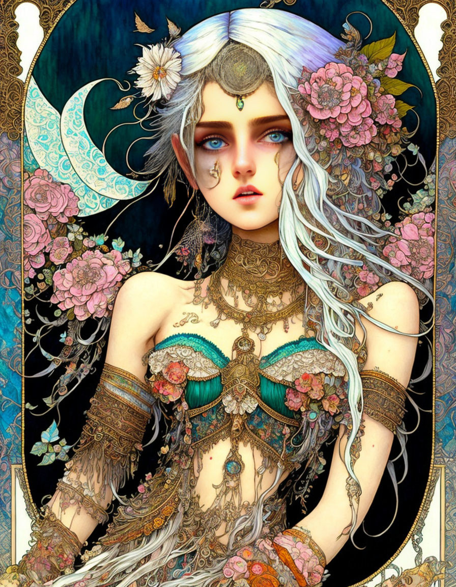 Fantasy female with white hair, floral adornments, jewelry, and tattoos on blue and gold backdrop