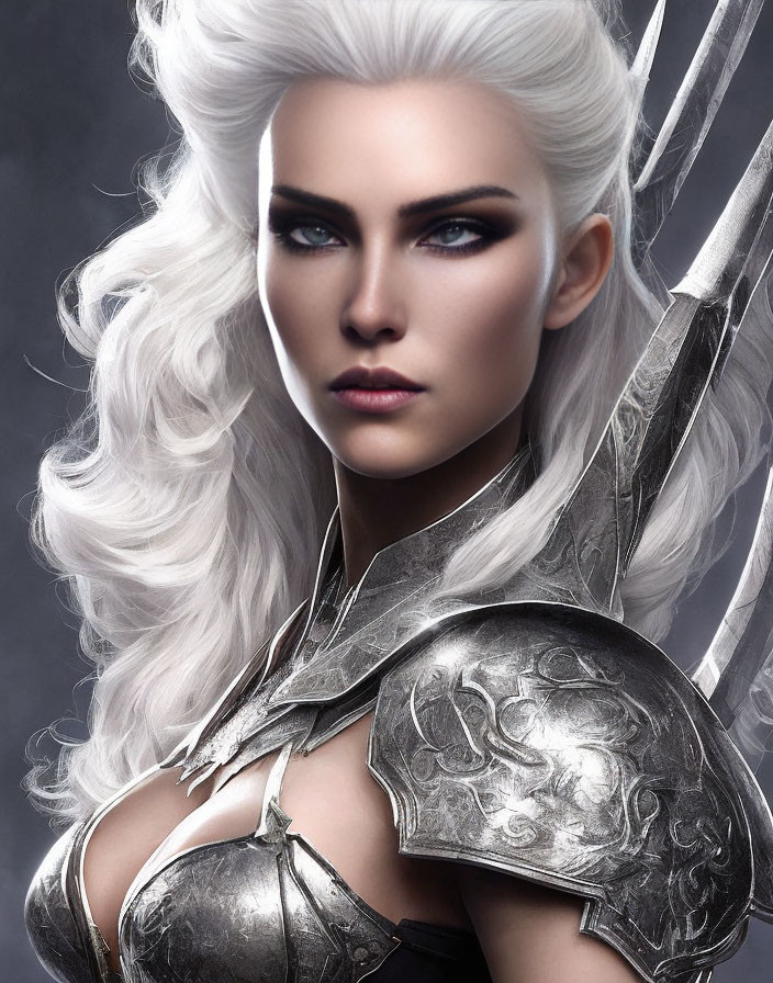 Female character with platinum blonde hair, blue eyes, silver armor, sword.