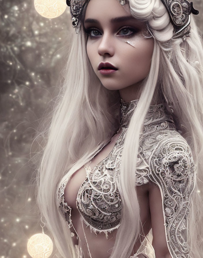 Fantasy portrait: Pale-skinned woman with white hair and blue eyes in intricate attire.