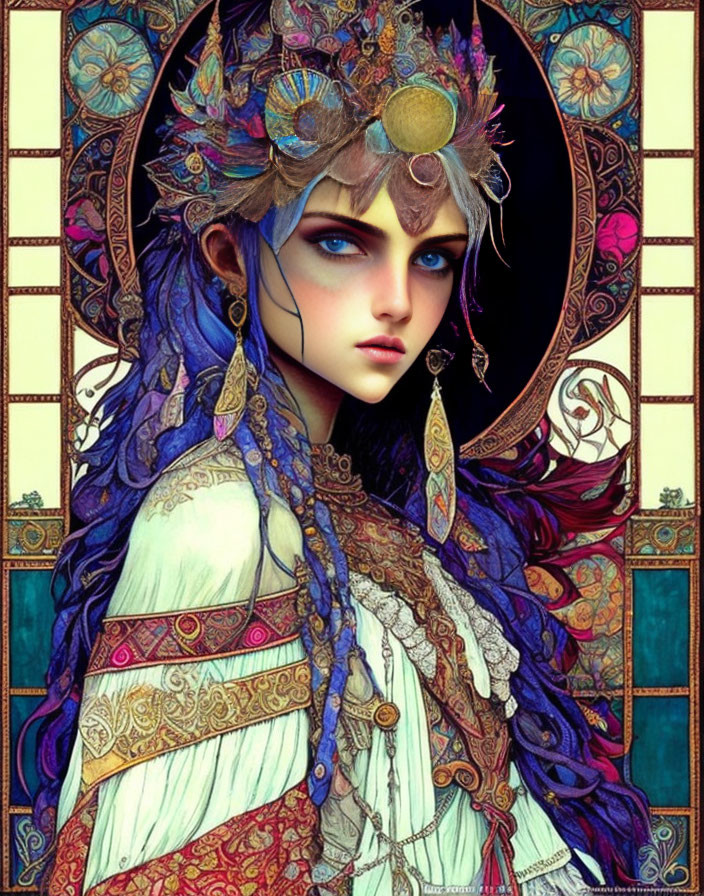 Illustrated female figure with blue hair and ornate headdress and clothing