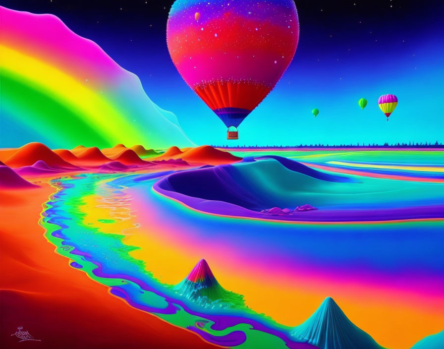 Colorful Psychedelic Landscape with Rolling Hills, Fluorescent River, and Hot Air Ballo