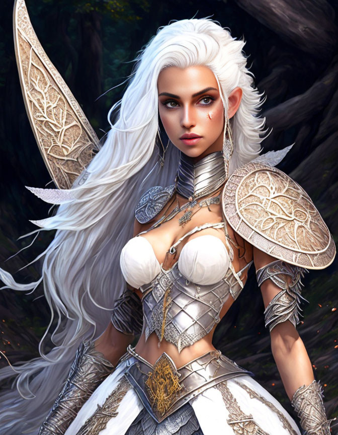 White-haired female warrior in silver ornate armor in forest setting