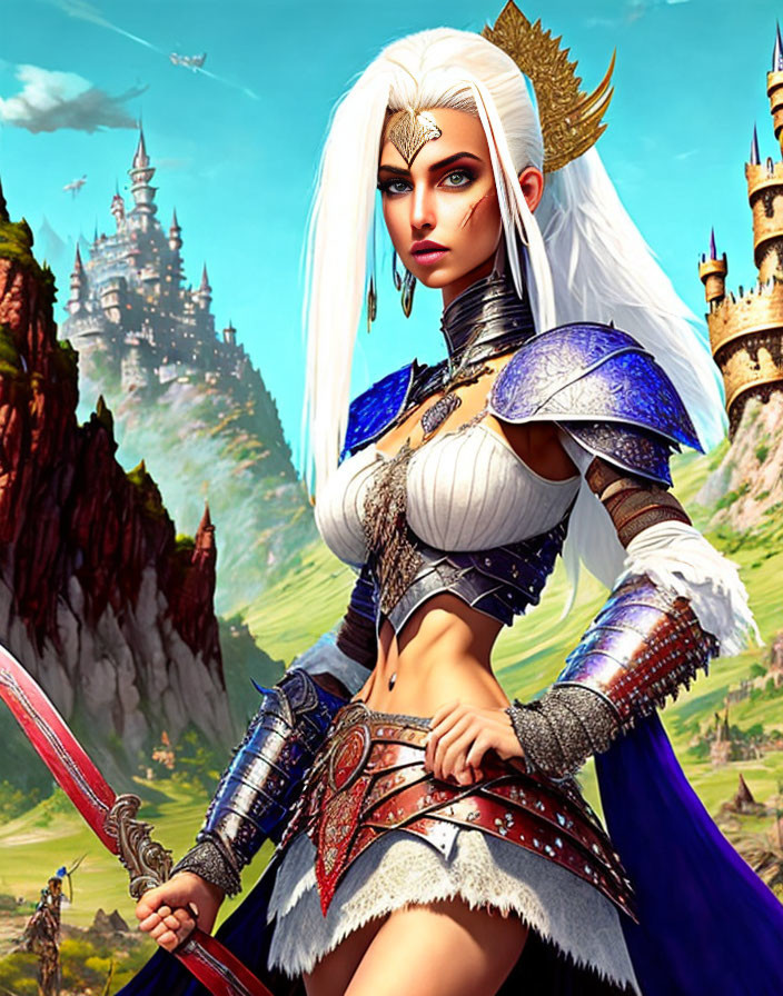 Fantasy warrior woman with white hair, blue and white armor, sword, and castle.