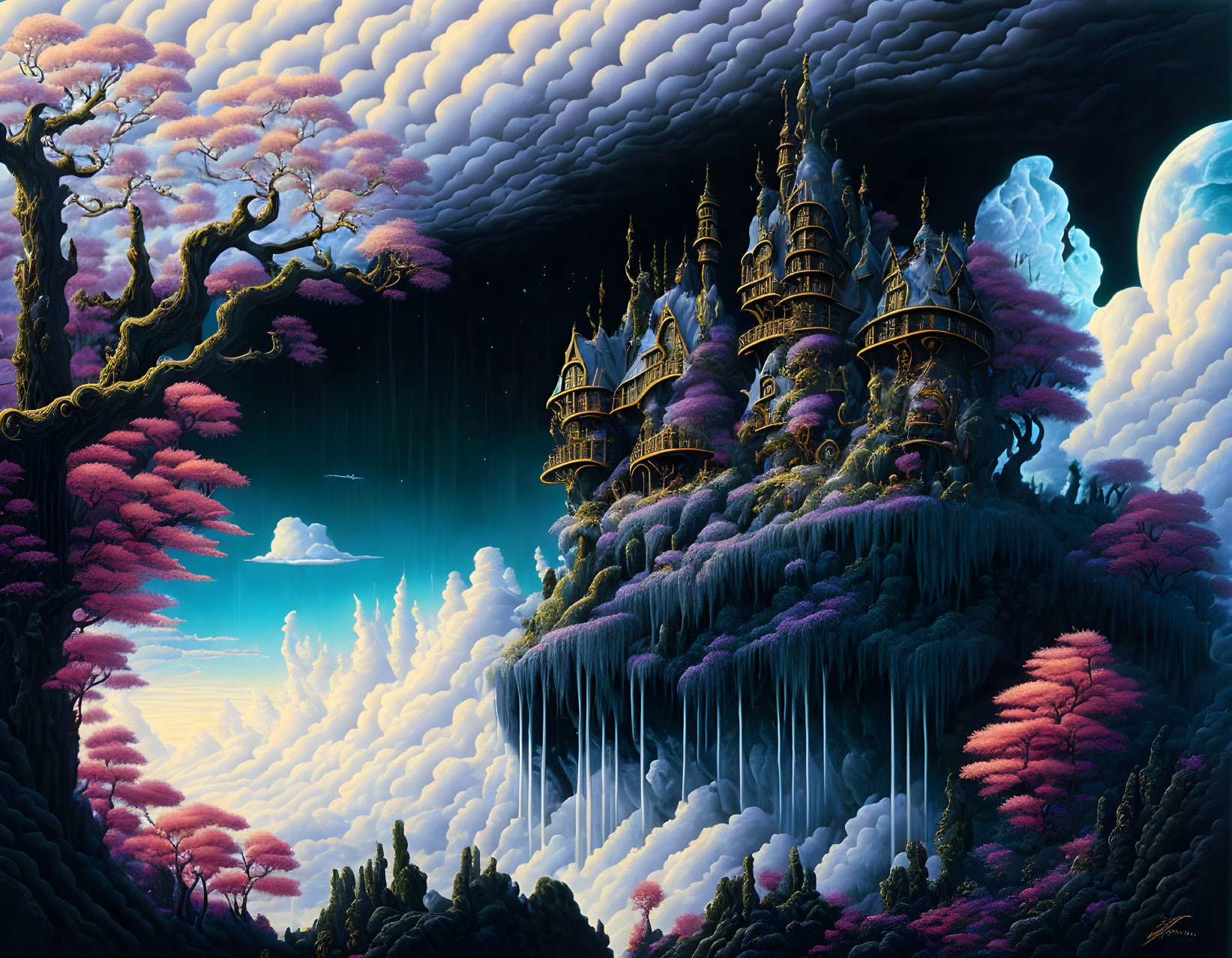 Fantastical landscape with pink trees, hanging clouds, majestic castle atop cliffs