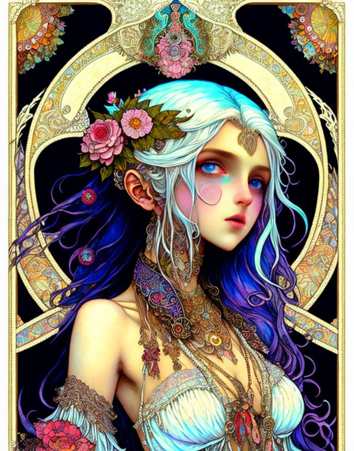 Fantasy Illustration of Female Figure with Blue Hair and Golden Patterns