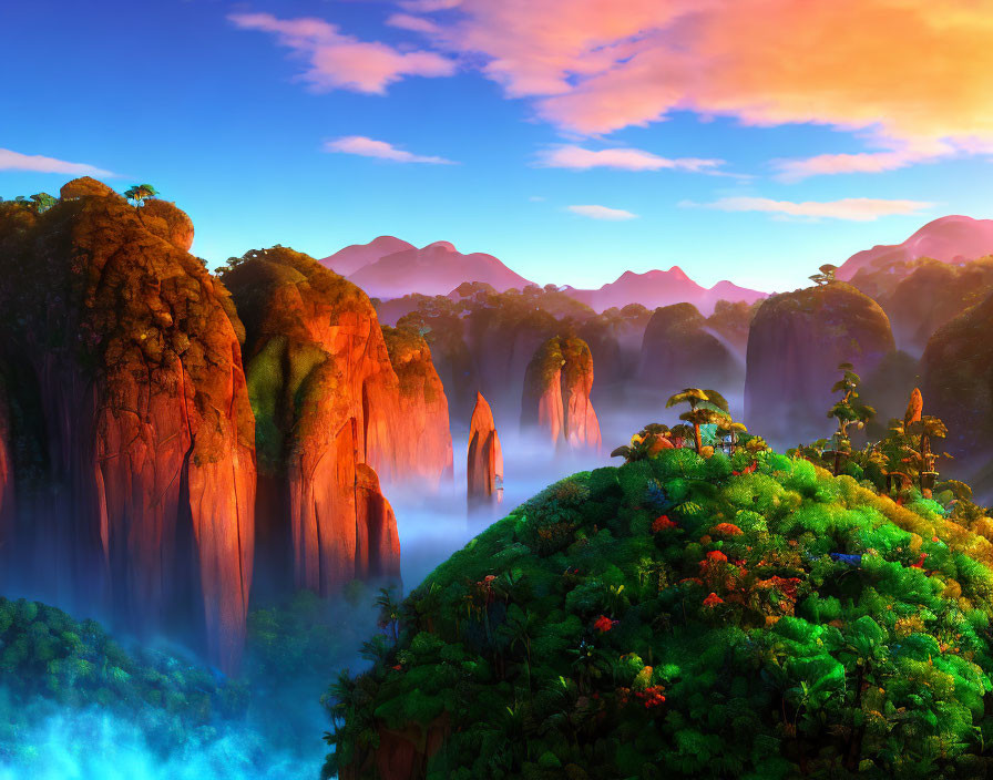 Scenic landscape with lush greenery, cliffs, waterfalls, hills, and sunset sky