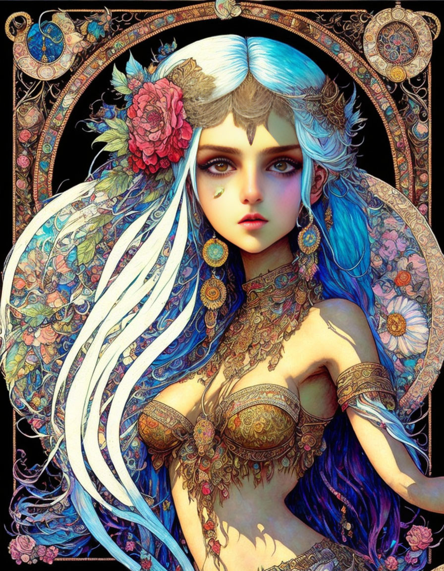 Fantasy character with blue hair and floral details on ornate background