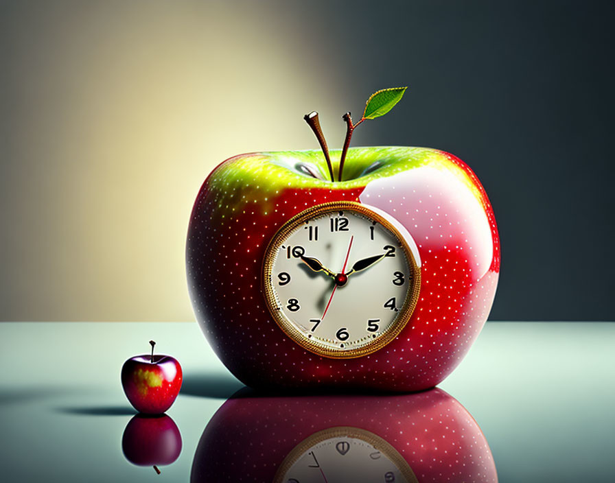 Clock face on large apple next to small apple on grey gradient background