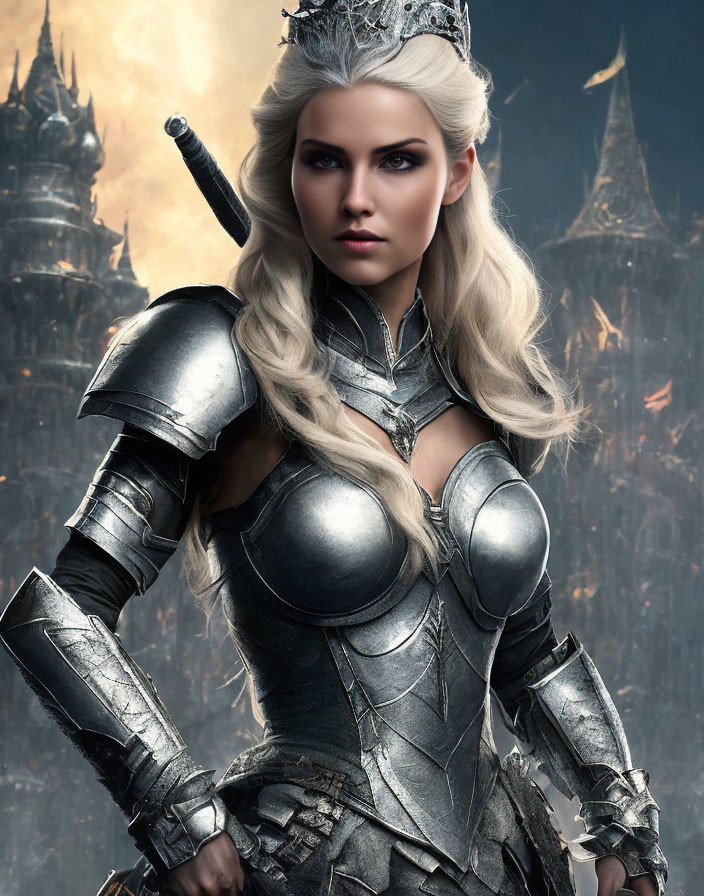 Platinum blonde woman in silver crown and medieval armor against fortress backdrop