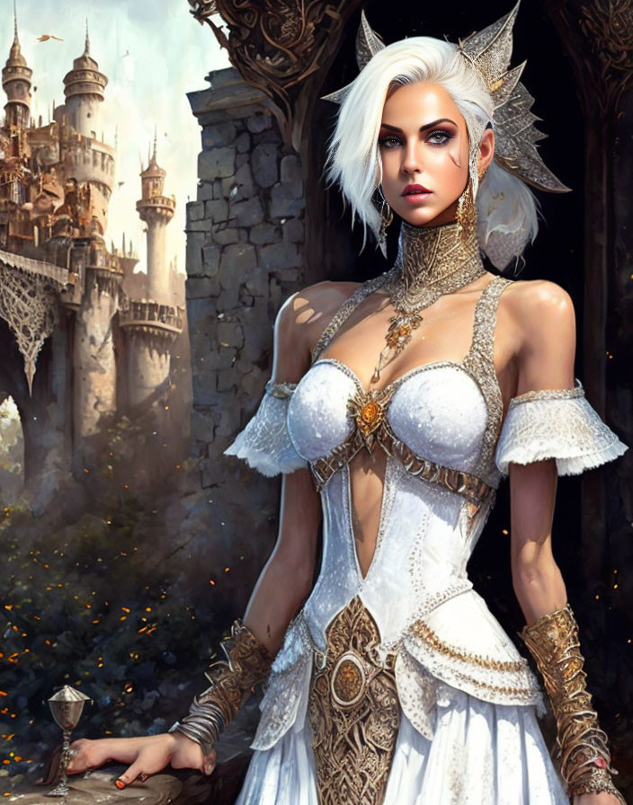 Fantasy-themed illustration of woman with white hair in ornate attire holding a chalice