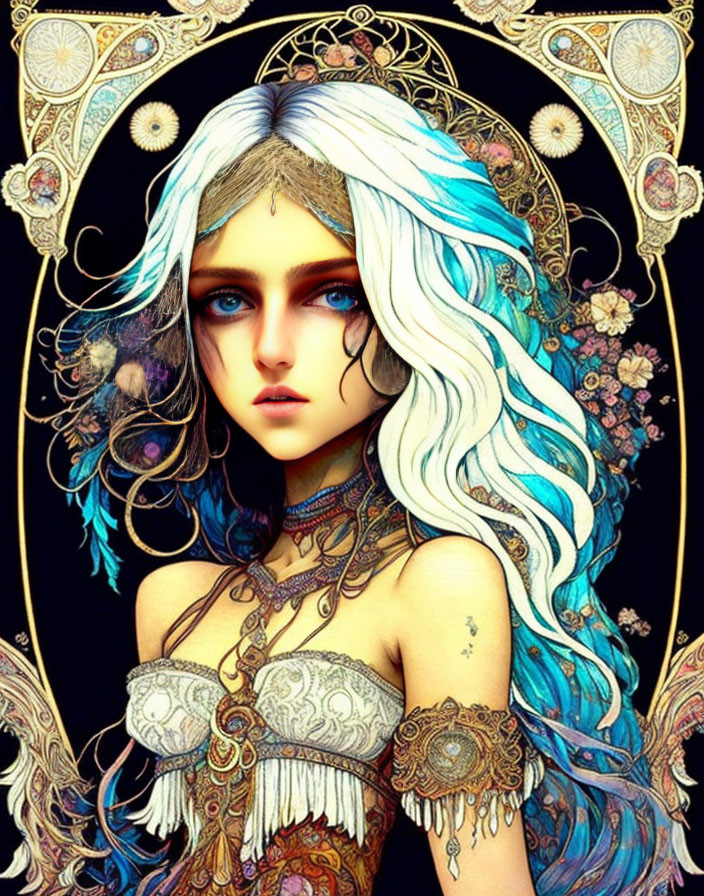 Fantasy portrait of a woman with blue eyes, white hair, golden headdress, and tattoos