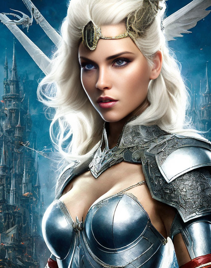 White-Haired Woman in Winged Helmet Stands by Fantasy Castle