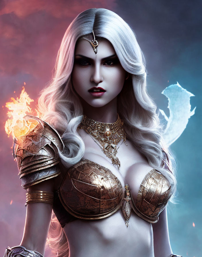 Fantasy warrior woman digital art with white hair and fiery magical effect