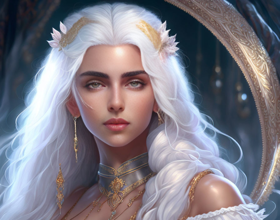 Portrait of fantasy character with long white hair and blue eyes wearing golden tiara and jewelry