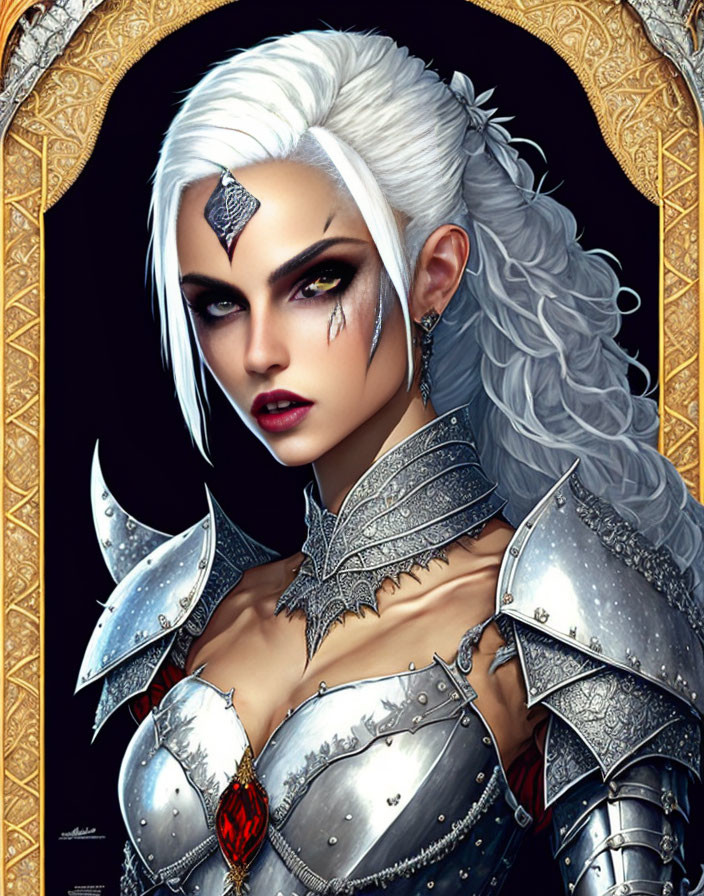 White-haired woman in silver armor with pointed ears and scar - detailed portrait.