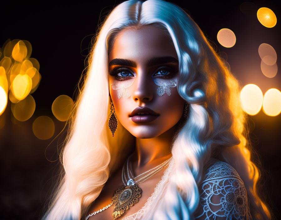 Woman with Platinum Blonde Hair and Blue Eyes in Lace Makeup on Bokeh Background