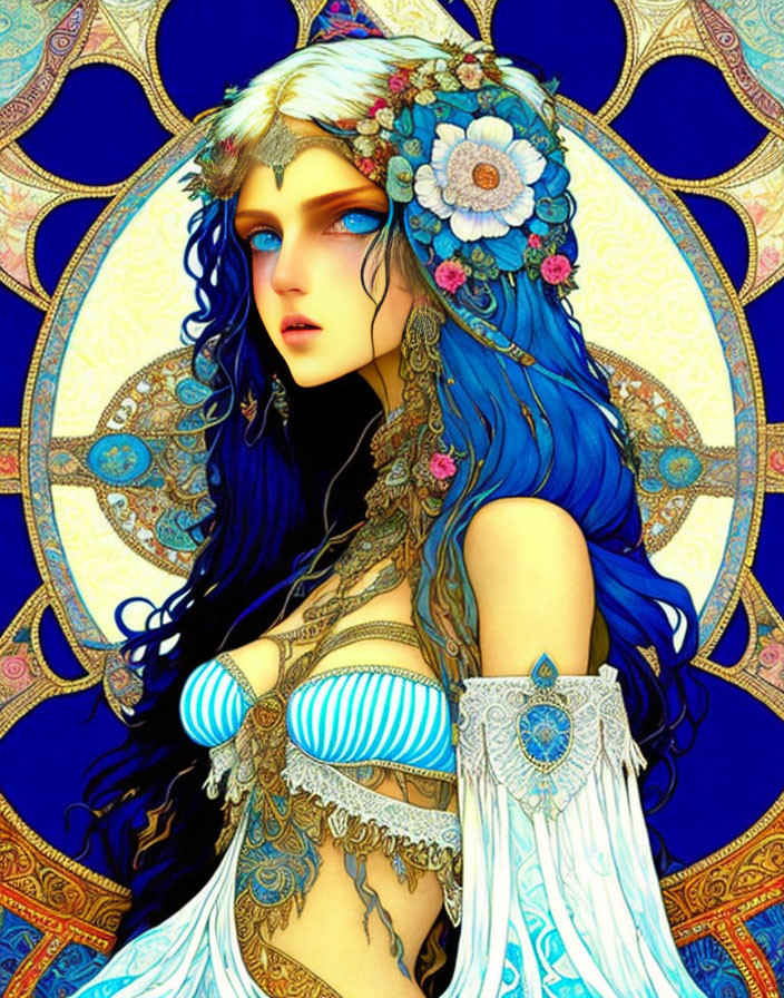 Illustration of woman with blue hair and floral headpiece on golden mandala background