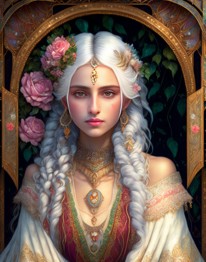 Detailed portrait of woman with white hair, gold jewelry, floral crown, roses, and ornate frames