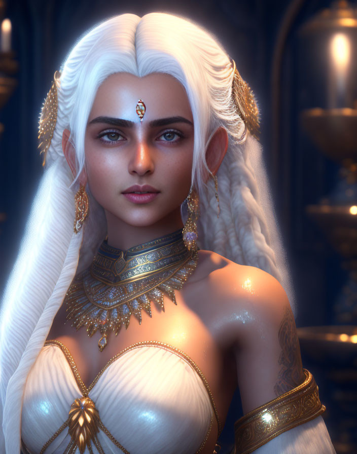 Fantasy character with white hair and gold jewelry on blue-lit background