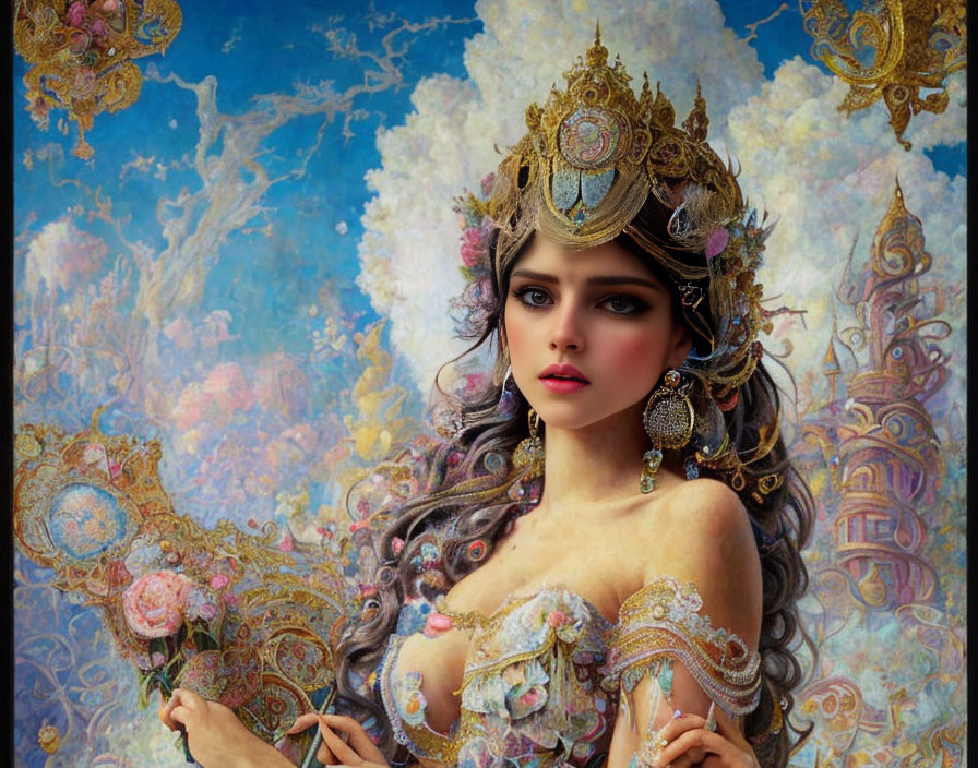 Woman in ornate golden crown and period costume against fantastical fairytale background