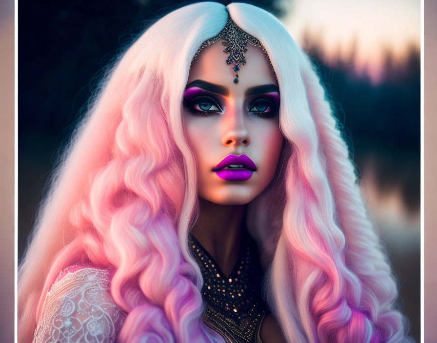 Vivid Pink Hair Woman with Bold Makeup and Purple Lipstick in Twilight Setting