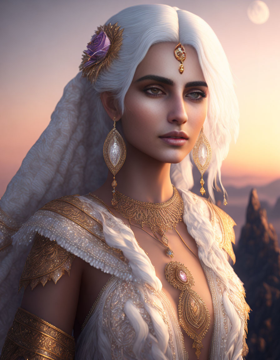 White-Haired Woman with Elven Features and Golden Jewelry in Sunset Mountain Scene