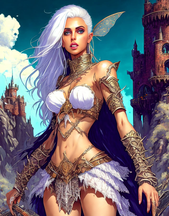 White-Haired Female Fantasy Character in Golden Armor with Castle Background