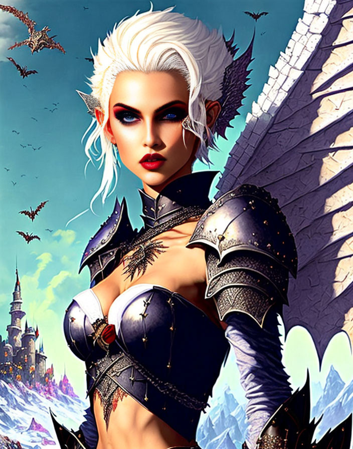 Fantasy female warrior with white hair, armor, dragons, and castle