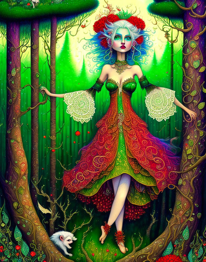 Whimsical female figure in vibrant colors in enchanted forest