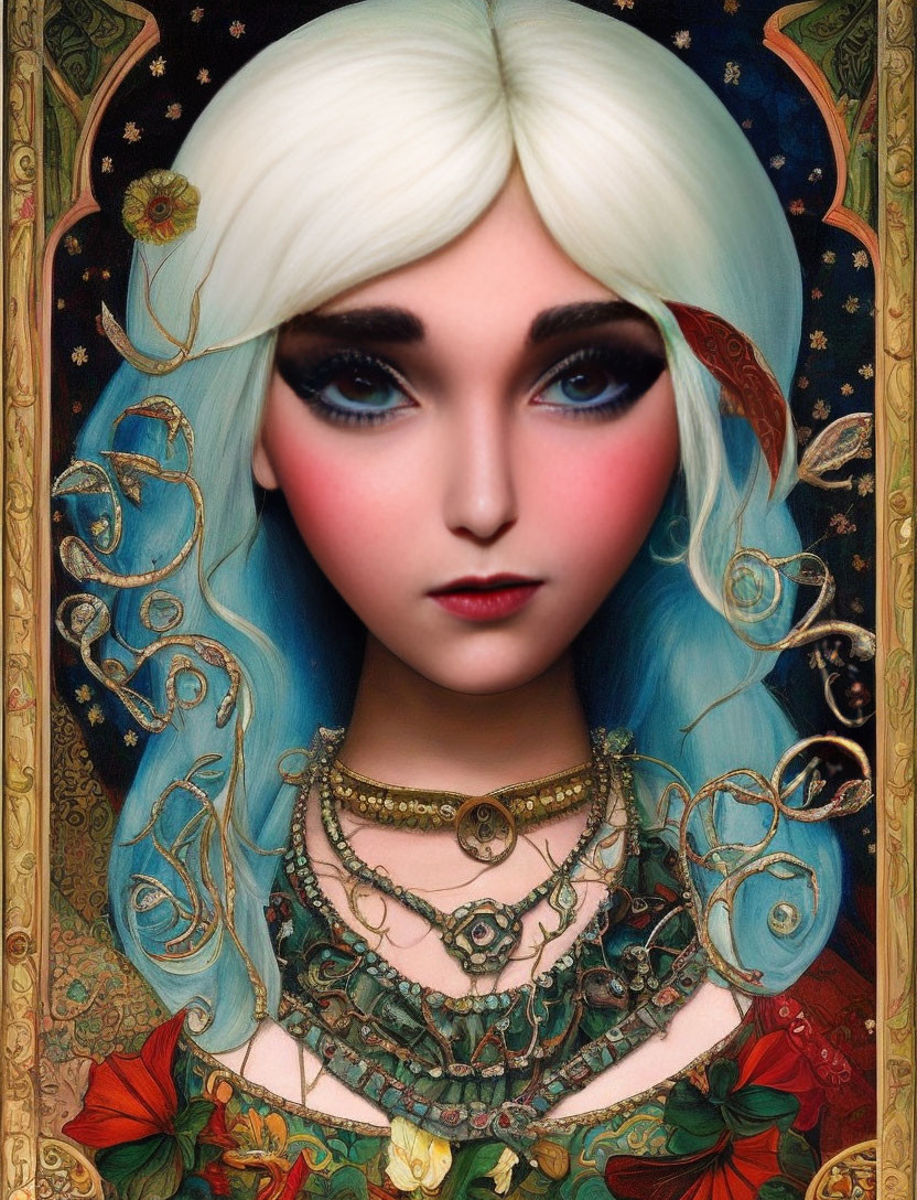 Fantasy portrait of a woman with white hair and expressive eyes, adorned with golden jewelry, surrounded by