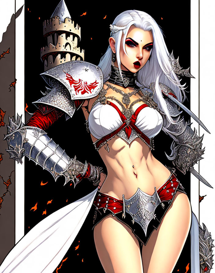 Fantasy warrior woman with pale skin, white hair, ornate armor, red accents, and large