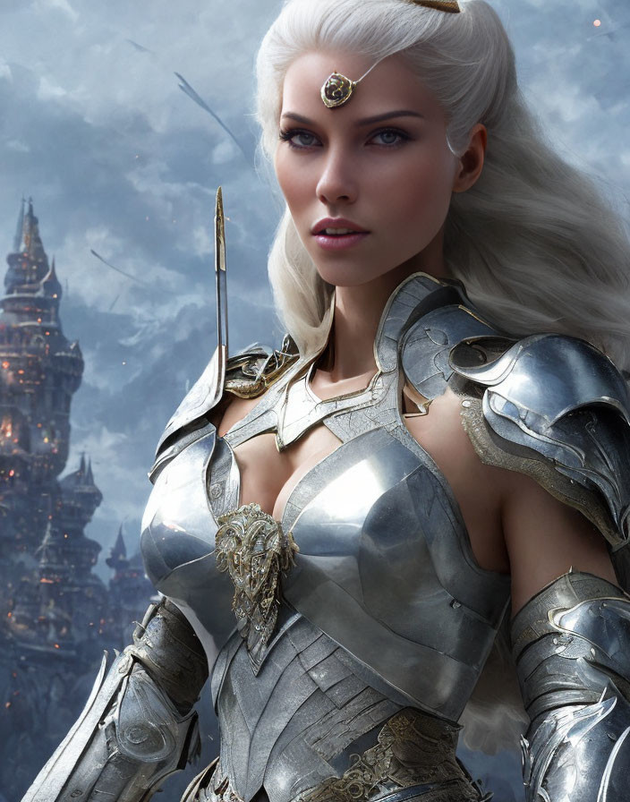 Silver-armored female warrior with white hair and spear in front of mystical castle