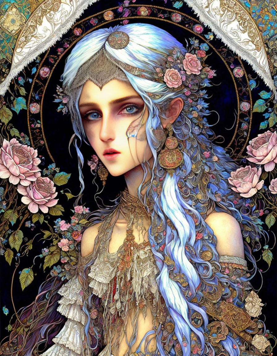 Detailed fantasy art: Female character with blue hair, ornate headdress, golden jewelry, roses,