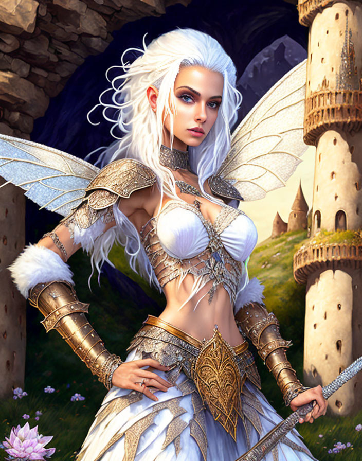 Fantasy digital art: White-haired female character in golden armor with wings and sword by castle