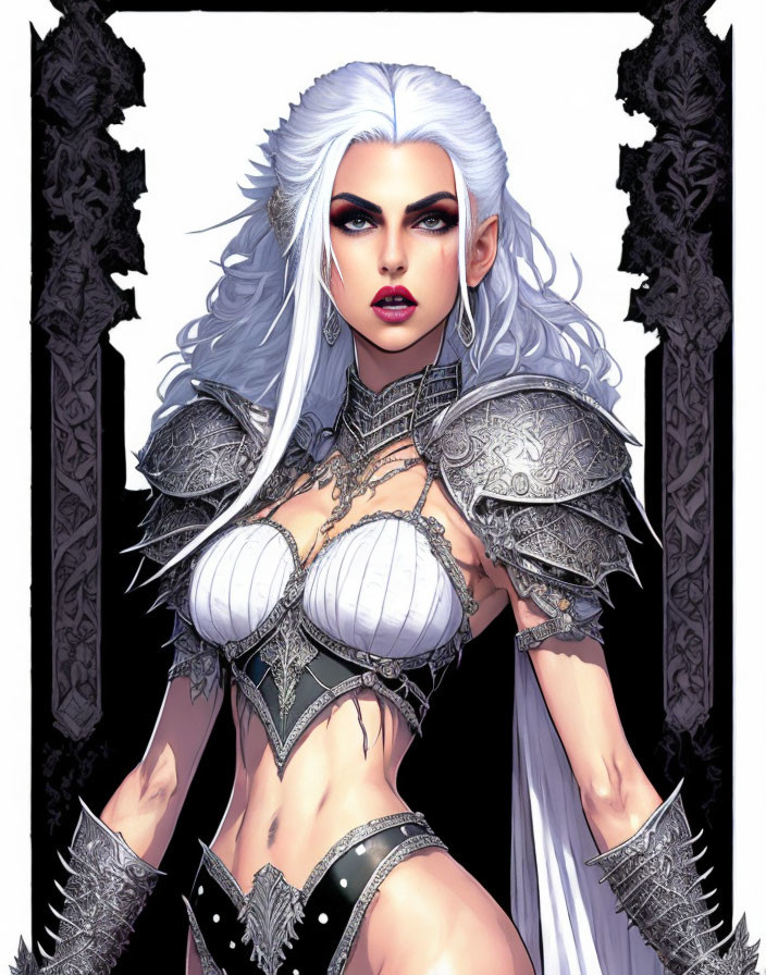 Fantasy female warrior with long white hair and purple eyes in silver armor