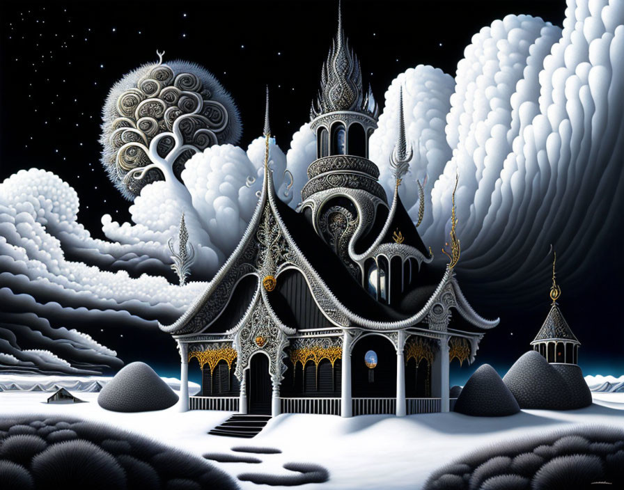 Surreal black-and-white fantasy castle with ornate towers in starry sky