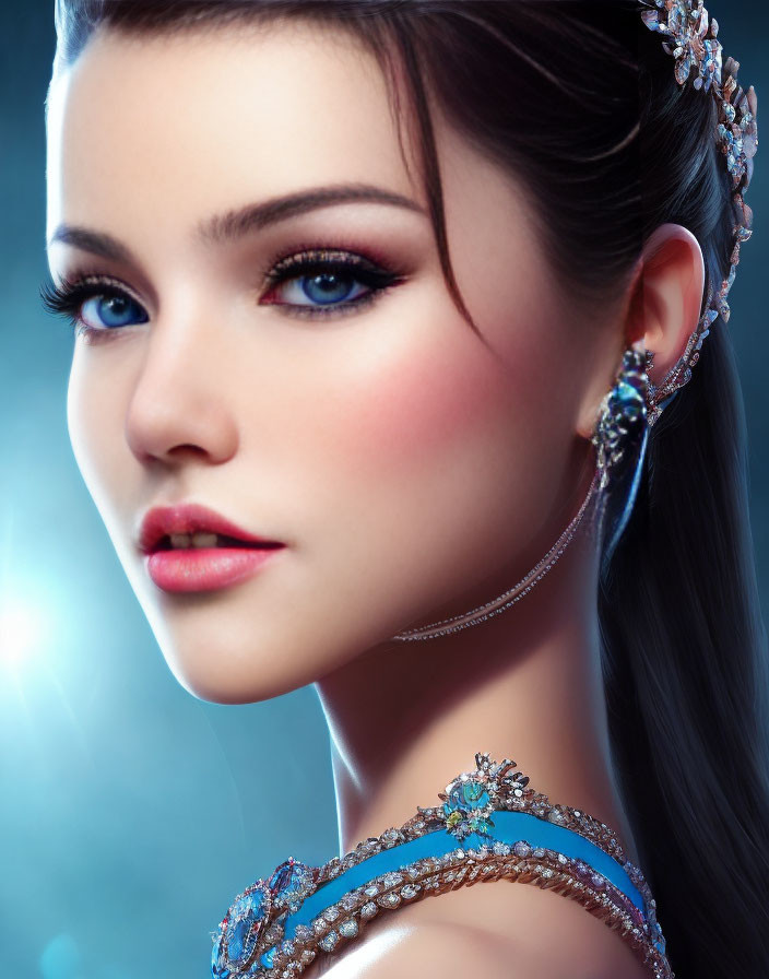 Portrait of Woman with Striking Blue Eyes and Elegant Jewelry