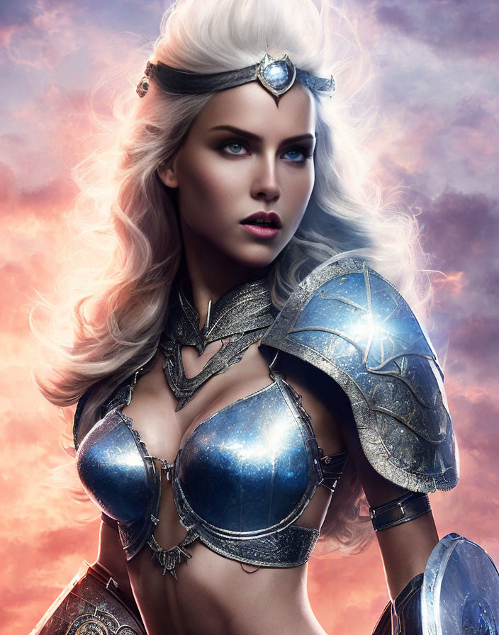 Fantasy warrior woman with blue eyes and silver armor in mystical setting