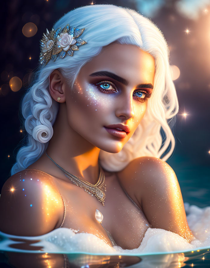 Digital Artwork: Woman with White Hair and Glowing Skin in Twilight Setting