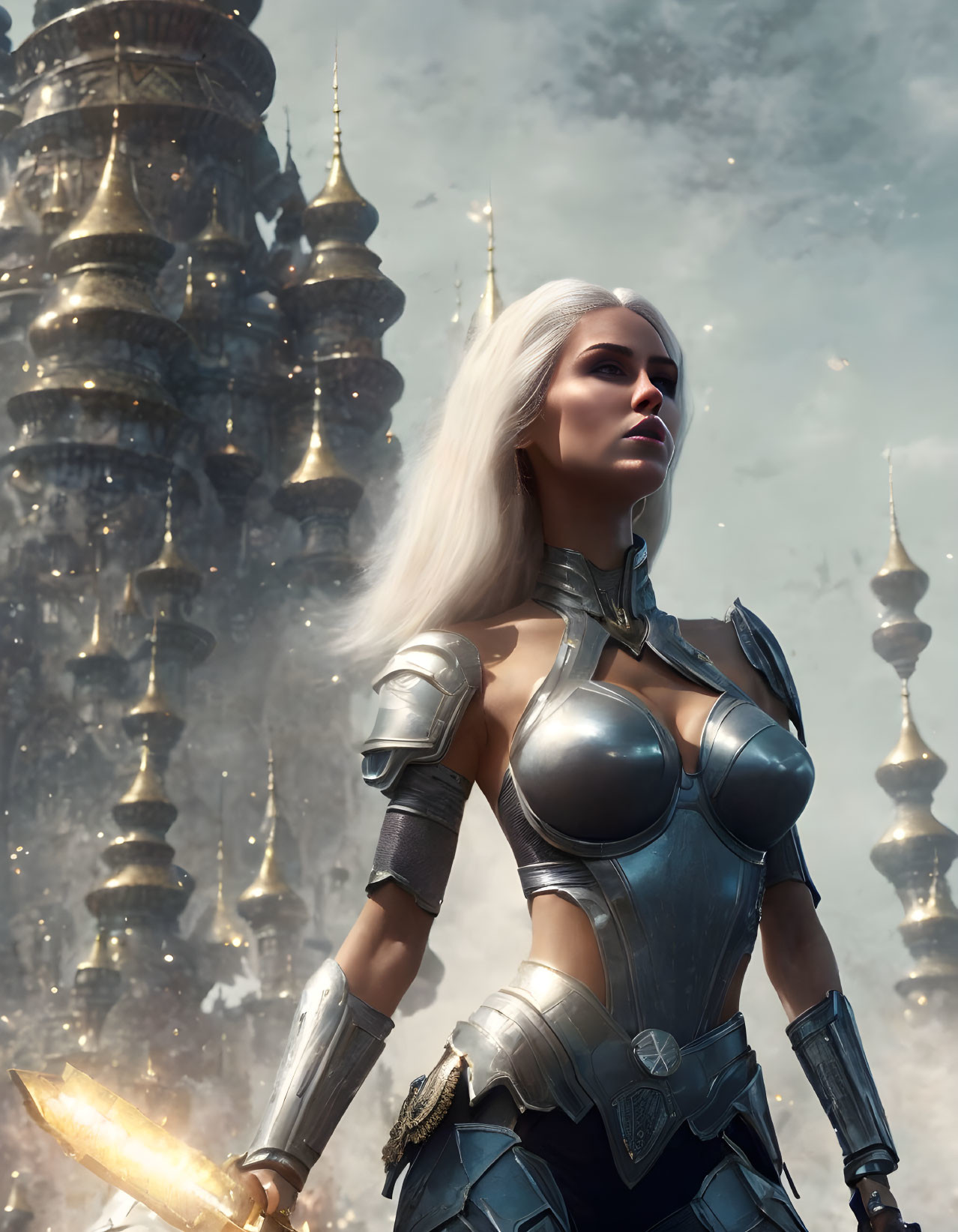 Silver-haired woman in armor against ethereal backdrop with spires symbolizes strength and fantasy