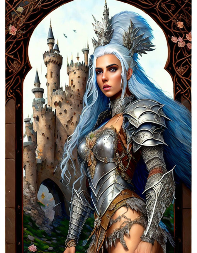 Female warrior with blue hair in silver armor at castle entrance