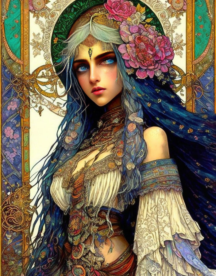 Fantasy female figure with blue hair and ornate headdress in detailed period clothing