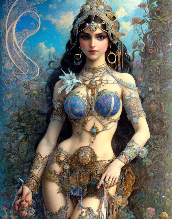 Fantasy illustration of a woman with jewelry and tattoos in a whimsical setting