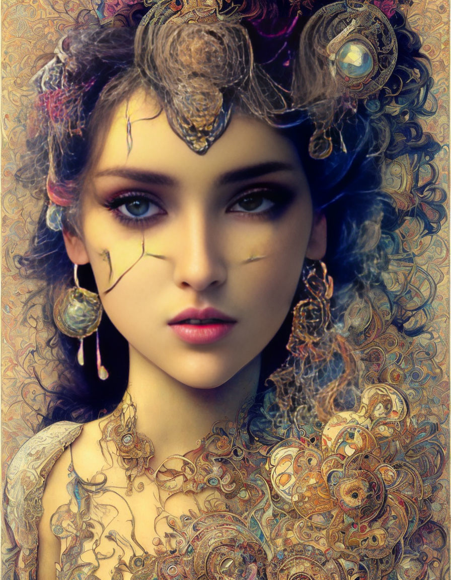 Intricate gold jewelry and tattoos on a surreal woman portrait