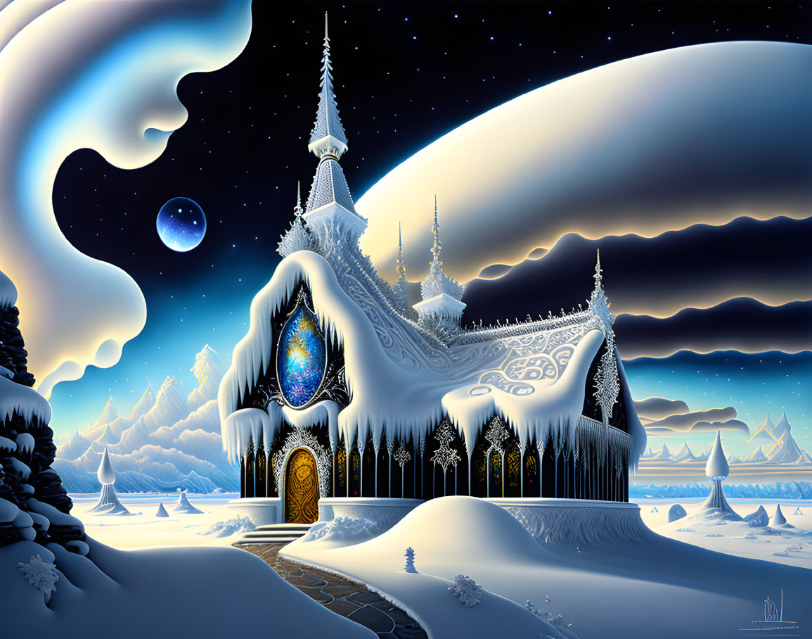 Fantasy castle in snowy landscape under crescent moon